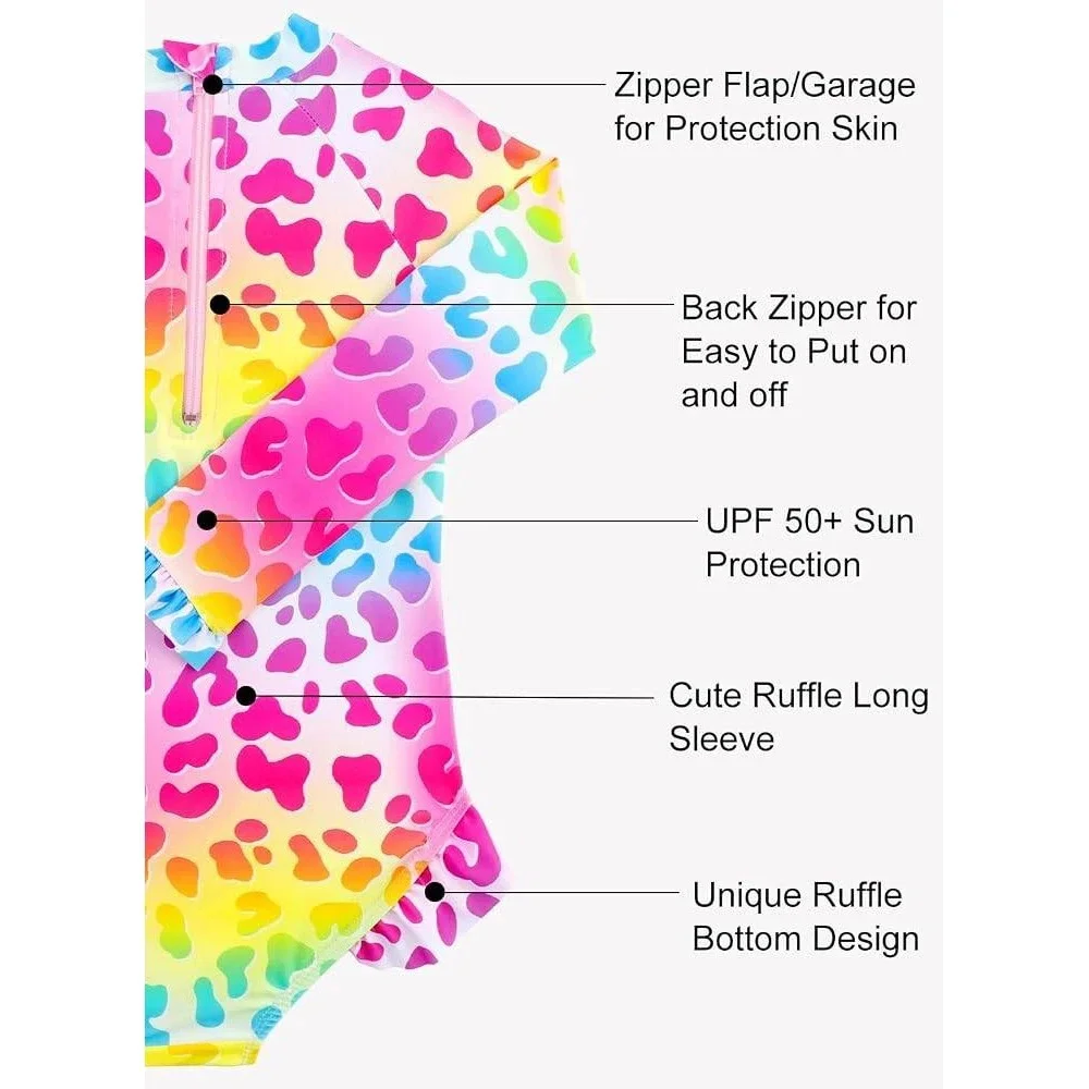 Girls Rainbow Leopard Long Sleeve Rash Guard Swimsuit Size 130